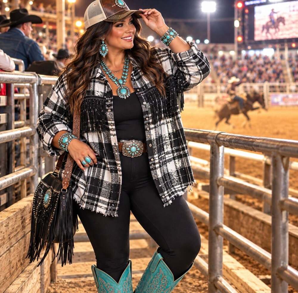 GeeGee 2X Black White Plaid Shacket Rhinestone Fringe Western Cowgirl Raw Hem
